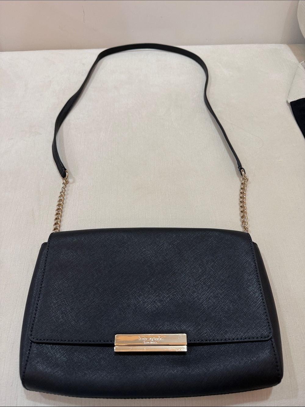 kate spade Black Leather Crossbody with Gold Chain Accent